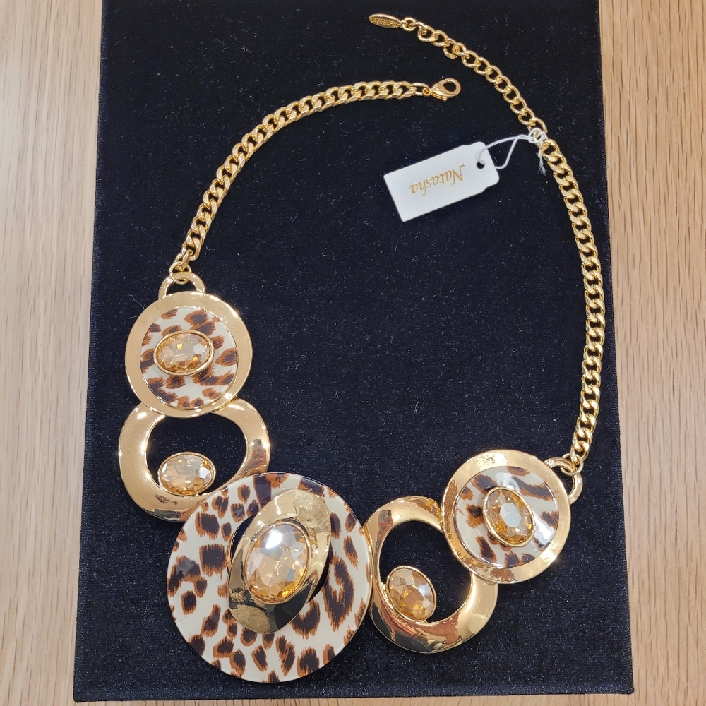 Leopard Print Statement Necklace. Gold Tone. Sparkling Crystal Accents. Natasha. - Picture 6 of 17